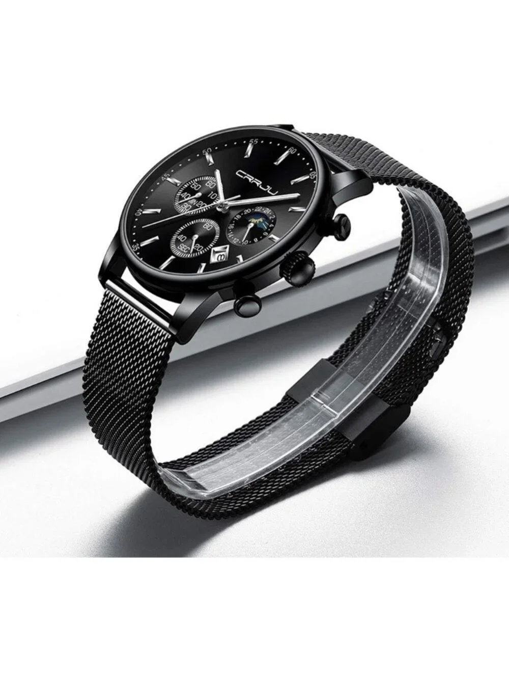 Men's Black Silver Chronograph Auto Date Steel Quartz with Mesh Strap Wristwatch